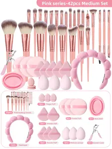 42pcs makeup tools set.Includes 25pcs Makeup Brush Set 3pcs makeup sponges 1pcs Makeup Brush Cleaner Bowl 3pcs Finger Puff Cosmetic Applicator 5pcs Makeup Puff Sponge Triangle 3pcs Round Loose Powder Puff Cosmetic 1pcs Spa Bow Headband 1pcs Eyelash curler