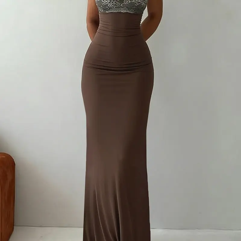 Women's Chic Elegant Lace Spliced Backless Spaghetti Straps Mermaid Style Dress for Parties, Slim Fitting Formal Evening Dress