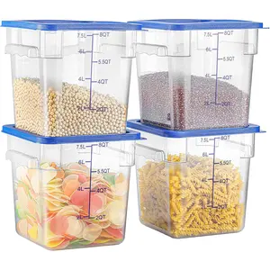 8 QT Set of 4  Storage Containers with Blue  Handle and Scarle Stackable Clear Square Commercial Container Set For Dough Proofing  Restaurant Kitchen   Polycarbonate