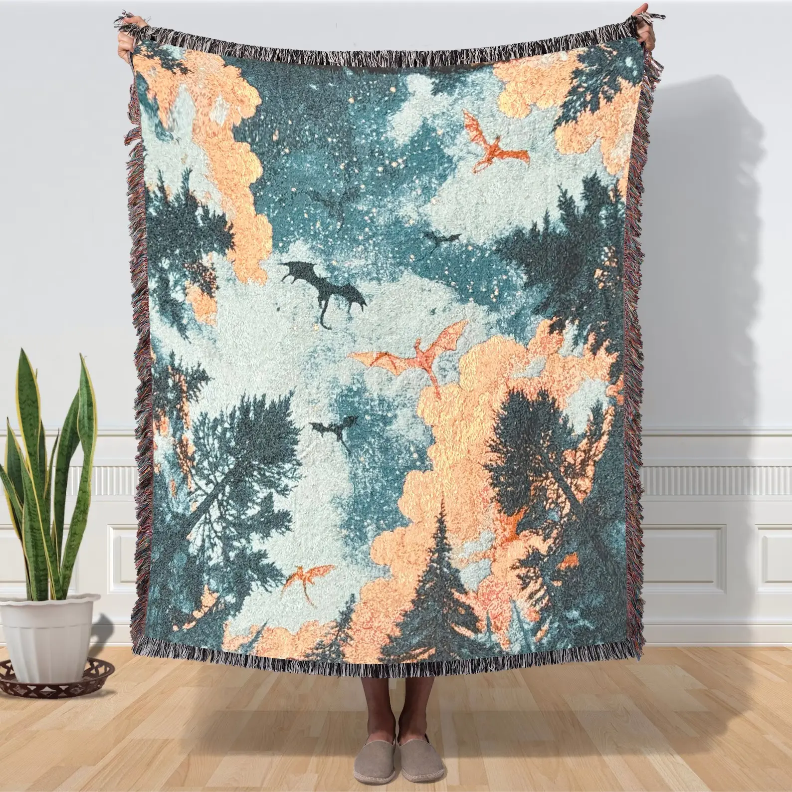 Sky Dragon Pattern Woven Tapestry Blanket, Thick Soft Easy Care, Rich Colors with Fringe, Indoor Outdoor Use, Bed Sofa Nap Air Conditioning Picnic Camping Hanging Rug, Wall Tapestry, Decor Tapestry, Home Bedroom Decor, Decoration