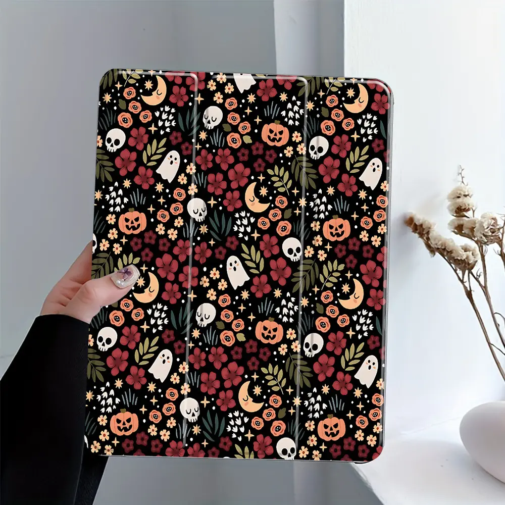 Creative Small Flower Skull Ghost Pumpkin Pattern Four-Corner Shockproof Tablet Case with Pen Slot Foldable,Suitable for iPad Mini, Air, Pro 4,5,6,7(2017,2018,2019,2020,2021,2022,2023,2024,2025 models),and Samsung S6,7,8,9,10FE + A7 LTE tablet cases
