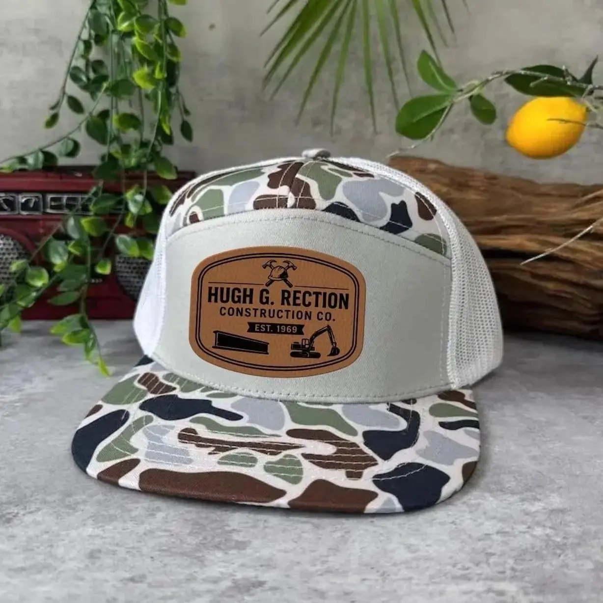 Hugh G. Rection Construction Co. Leather Patch Trucker Hat, Funny Construction Snapback Cap, Blue Collar Work Hat, Contractor Gift