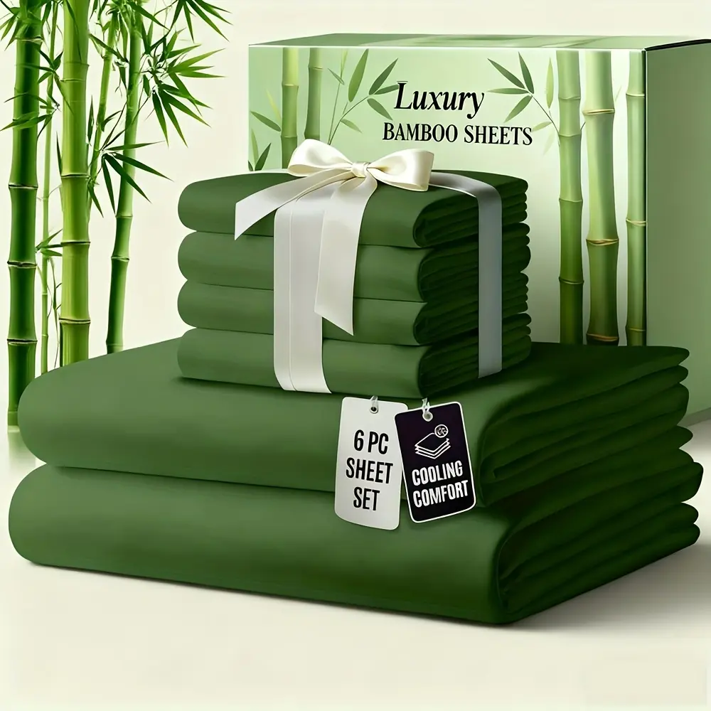 SASTTIE 6 PCS  Luxury Bamboo Cooling Bed Sheet Sets - Viscose Derived From Bamboo Sheets Queen/King Size -  Luxuriously Ultra Soft & Breathable Bedding Sheet Set - Deep Pocket Fitted Sheet with Bamboo Texture, Wrinkle-Resistant Soft Sheets