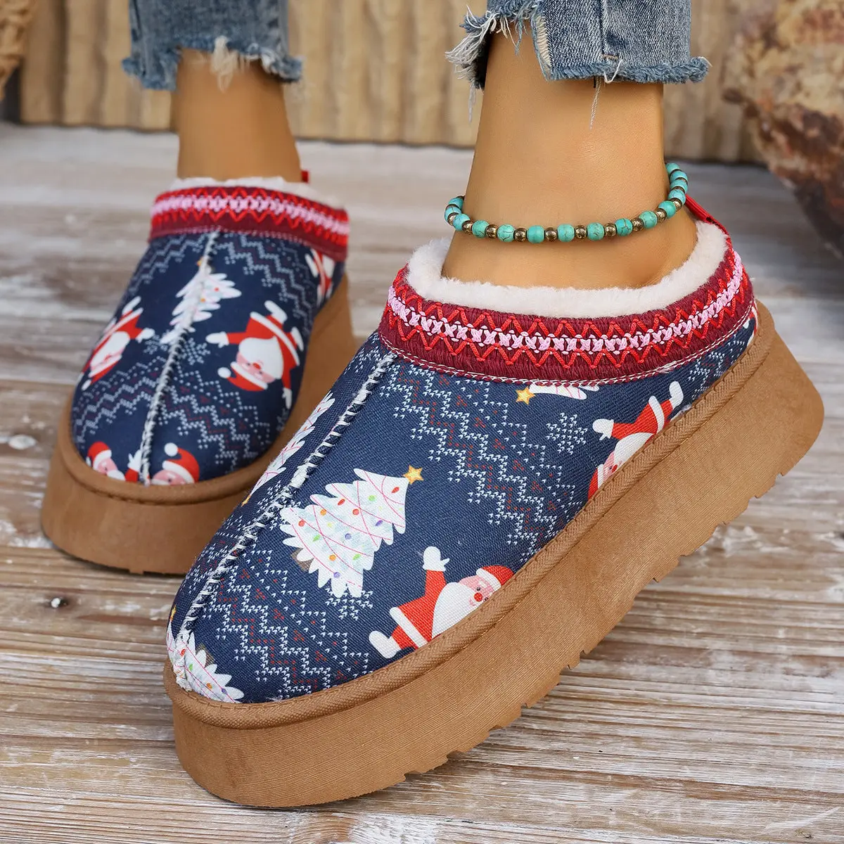 Women's Cartoon Christmas Print Ankle Boots Casual Slip