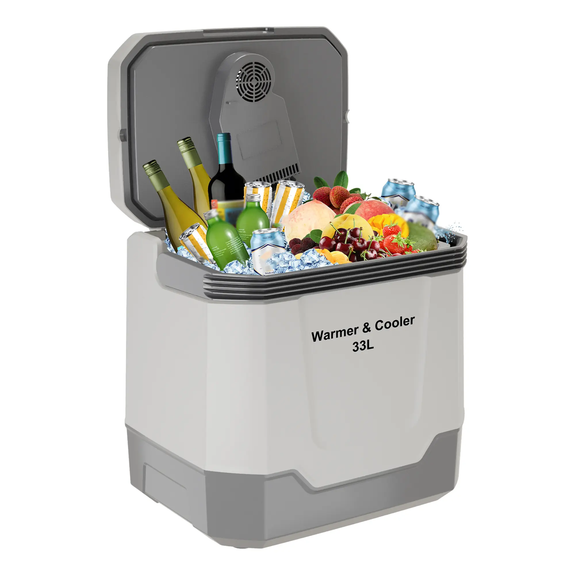Portable 33L 35QT Thermoelectric Car Refrigerator & Warmer, featured with auto lock handle and dual 110V AC/12V DC power supply. Compact lightweight cooling and heating unit, multifunctional for car, truck, RV, outdoor camping