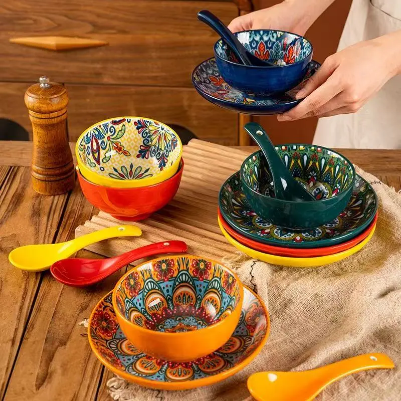 Bohemian Ceramic 3-Piece Tableware Set, Single Serving Bowl Plate Combo for One Person