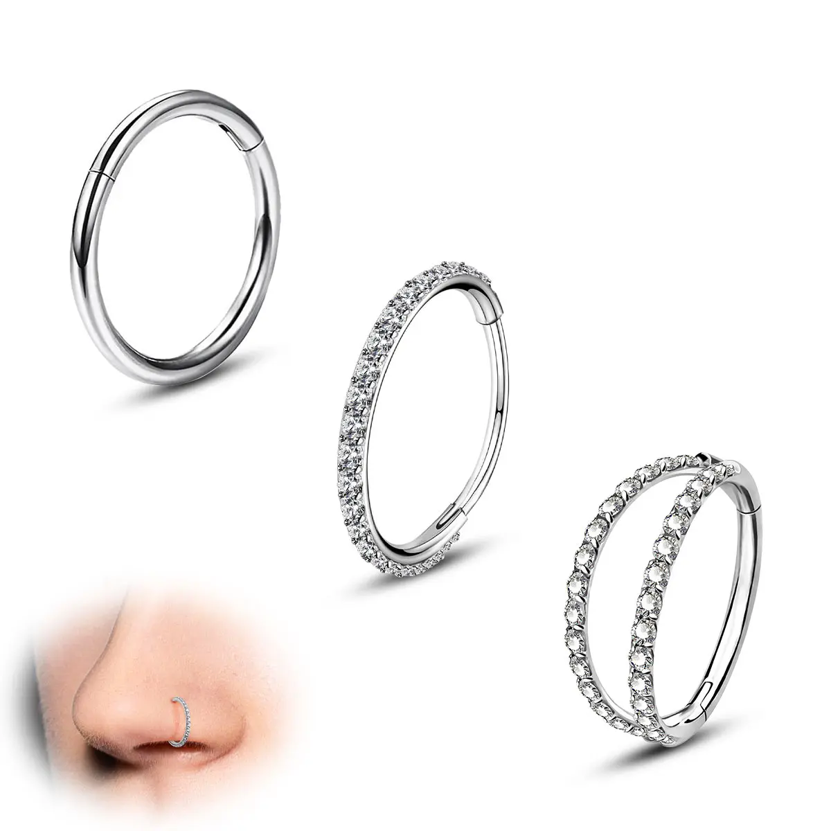 Oufer 3PCS 20G Hinged Segment 316L Stainless Steel Nose Ring Set, Women's Female Nose Jewelry, Body Jewelry Accessories with Cubic Zirconia, Accessories For Women, Body Jewelry Set