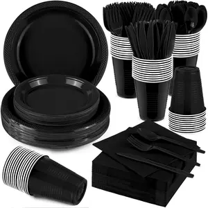400 count Black Party Supplies Disposable Dinnerware Set Include Plastic Plates Cups  Forks Spoons Paper Napkins for Birthday Wedding Graduation Parties, Serve 50 Guests