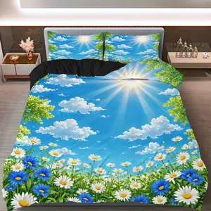 3PCS Duvet Cover Set, 1 Duvet+2 Pillowcases(Without filler), Sky Floral Sunlight Nature Garden Meadow theme, Spring bedding set, Bright colorful bedding Suitable for decoration bedroom hotel guest room dormitory.