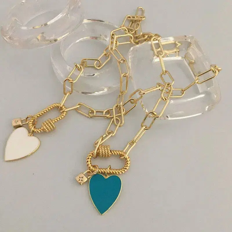 Gold Carabiner Chain Necklace-Enamel Heart Charm-Gold CZ Padlock Charm