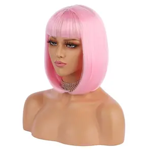 12inch Short Bob Hair Wigs Straight with Flat Bangs Synthetic Colorful Cosplay Daily Party Wig for Women Natural As Real Hair