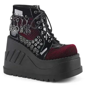 Demonia Stomp-18 Black Patent-Burgundy Velvet Ankle Boots