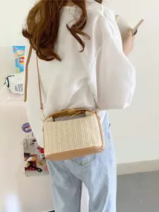 Straw Weave Summer Vintage Shoulder Bag Mini Tote Handbag Aesthetic Woven Purse French Retro Beach Vacation Bag PU Leather Trimmed Structured Small Hobo Bag Boho Chic 2026 Trend