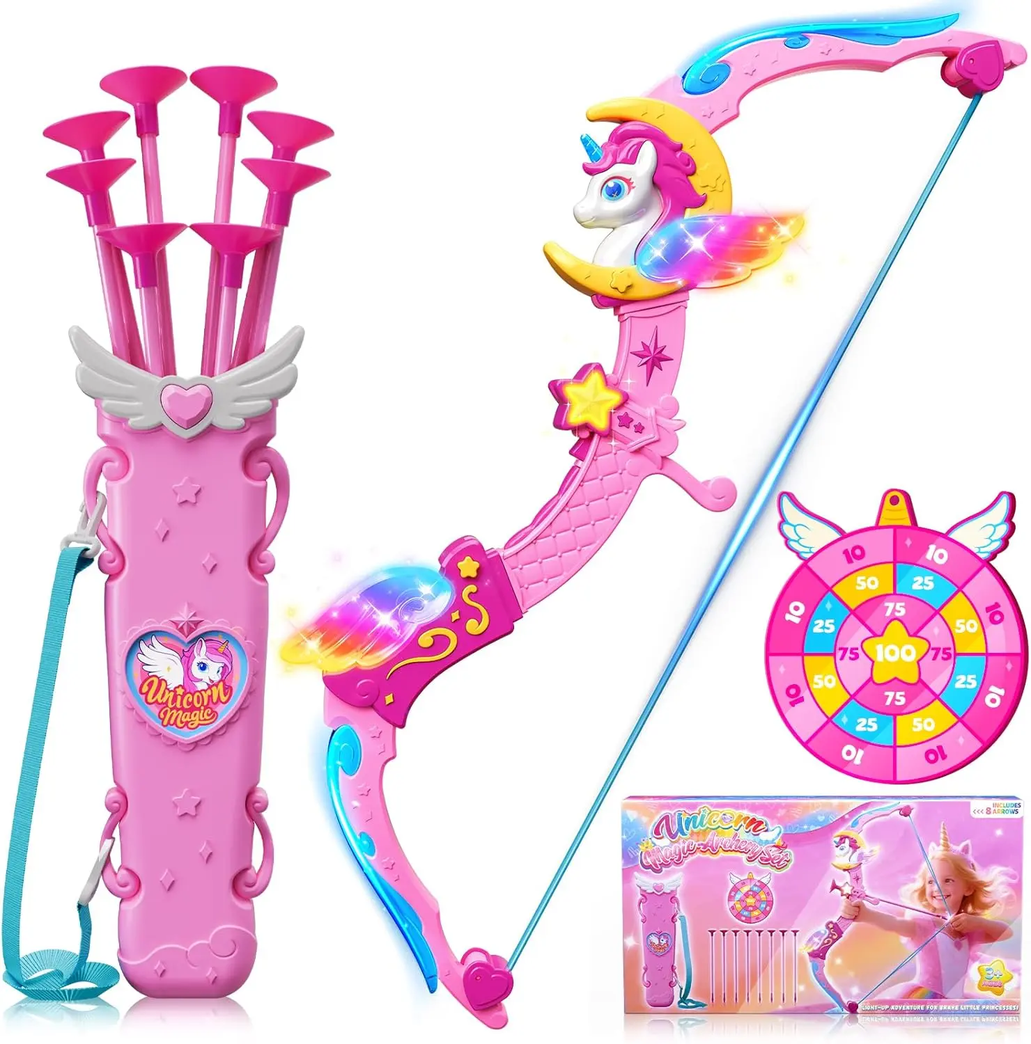 Unicorn Bow Arrow Toy for Girls Ages 3-12, 6 Magic Lights, Quiver & Target | Magic Lights, Horn, Wings, Star, Upper & Lower Arms, 8 Pink Suction Arrows, Gift for 3 4 5 6 7 8 9 10 Year Old Girl