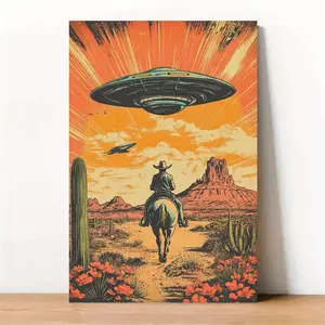 Cowboy UFO Wall Art Poster, Vibrant Desert Dopamine Canvas, Weird Western Meme Decor for Bedroom, Living Room & Wall Decor for Men