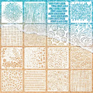 16 PCS Wood Cubist Stencils, 6 x 6 Inch Texture Mixed Media Burlap Reusable Plastic Stencil for Painting on Wood Wall Canvas Furniture Floor Geometric Cubist Art Stencils for Tile Craft Making
