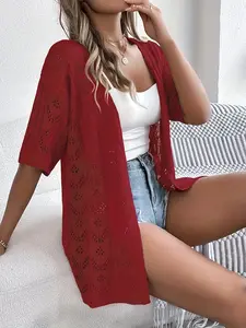 Elegant Plus Size Women's Short Sleeve Knit Cardigan, Lightweight Lace Design, Casual Summer Vacation Wear, Polyester Fabric