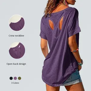 Imily Bela Women's Open Back T-Shirt - Casual Loose Fit Crew Neckline Summer Gym Tee for Workout and Yoga