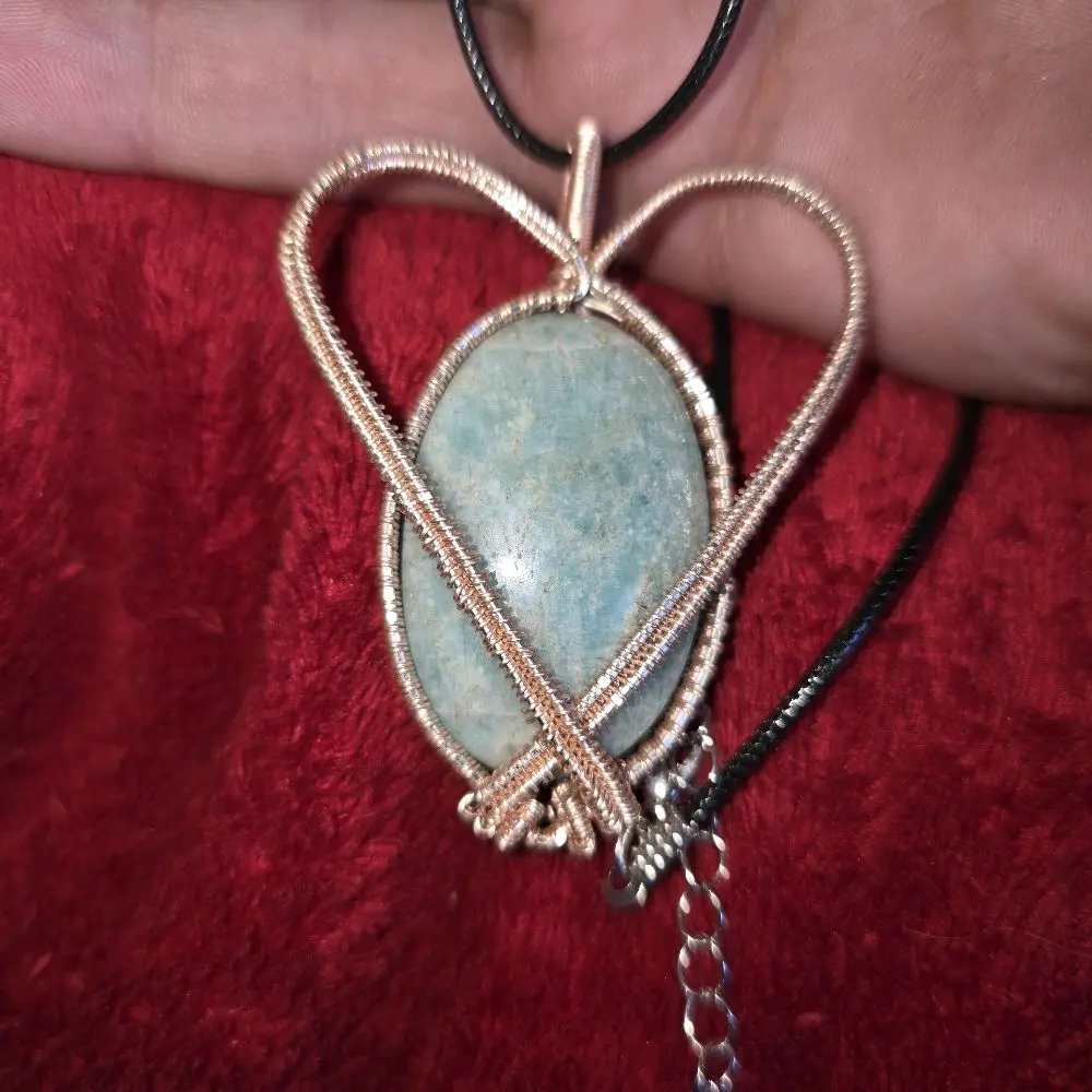 amazonite heart Wire Wrapped Necklace with Heart Pendant and Adjustable Cord for Everyday Wear