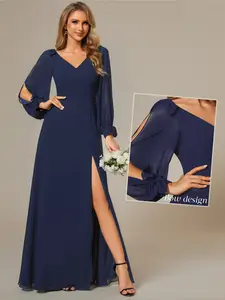 Ever-Pretty 2026 Holiday Dress with Side Slit & Elegant Sleeves  dress Design Women's Fashion,Women's V Neck Long Sleeves Floor Length  Chiffon Formal Dress,Mother dress, 80116 Formal dress Womenswear