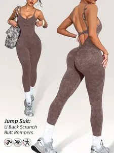 Women's Washable Sandblasted Fitted Jumpsuit, Round Neck Pullover Twisted Buckle Knit Romper/tank Top, Casual Everyday Womenswear One-Piece