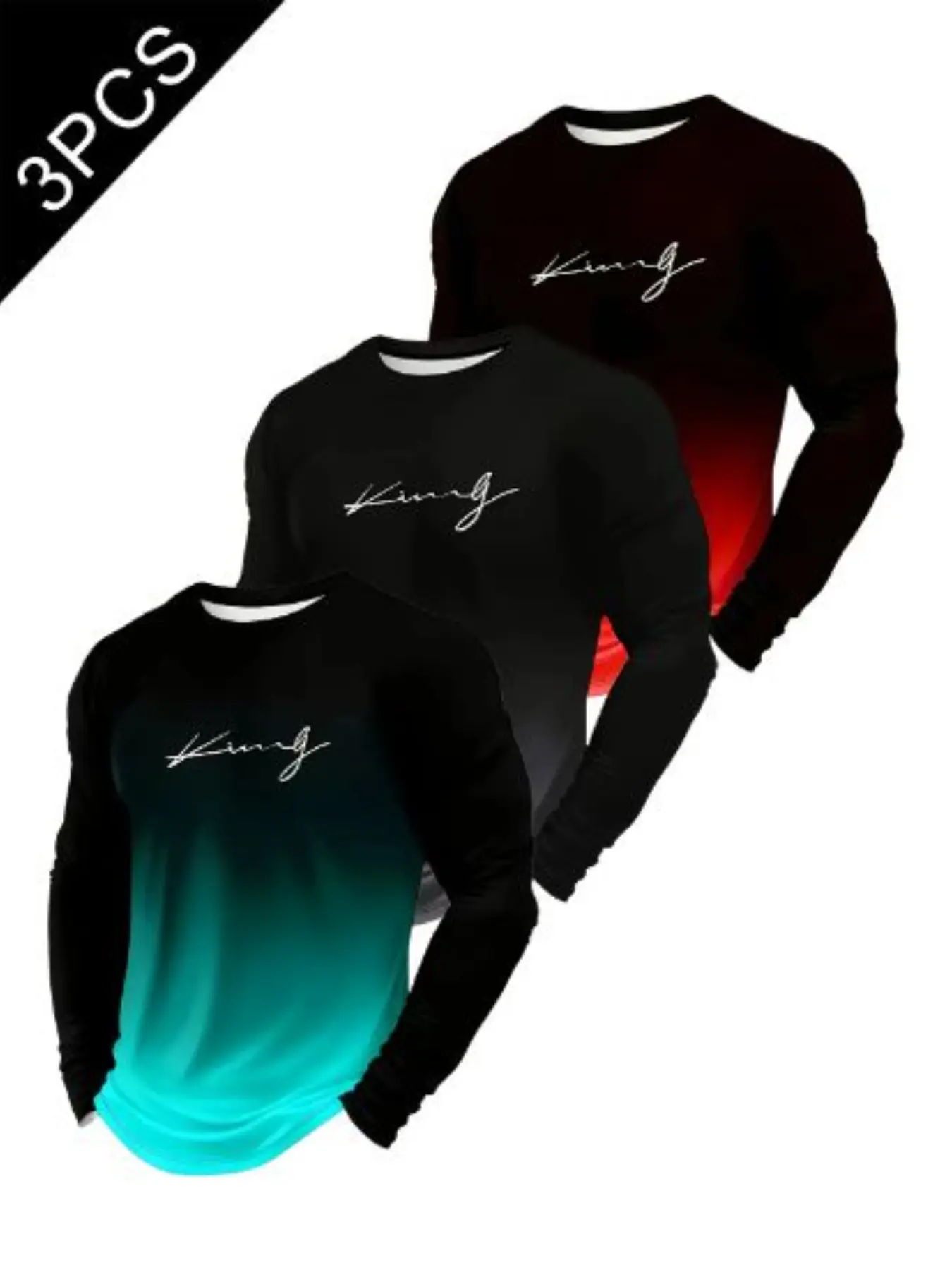 3-Pack Gradient Ombre King Print Long Sleeve Classic T-Shirts for Men, Menswear, Soft Smooth Fabric, Round Neck, Casual Fitted Streetwear, Daily Wear, Streetwear, Suitable for All Seasons