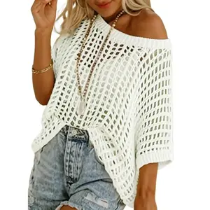 Womens Summer Scoop Neck Short Sleeve Sweater Casual Crochet Hollow Out Knit Tops Pullover Shirts Beach Coverup