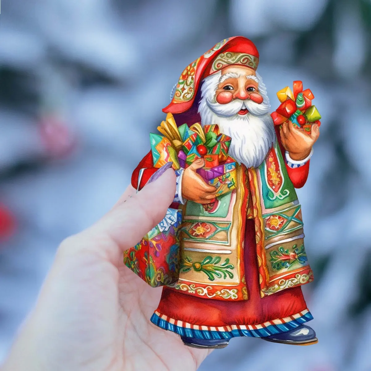 G. Debrekht 8091308S3 4.5x3 in. Wooden Mexican-Inspired Handmade Santa Christmas Tree Ornaments, Set of 3, UV-Coated Cultural Decorative Collectibles, Festive Home Decor with Gift Bag & Story Card