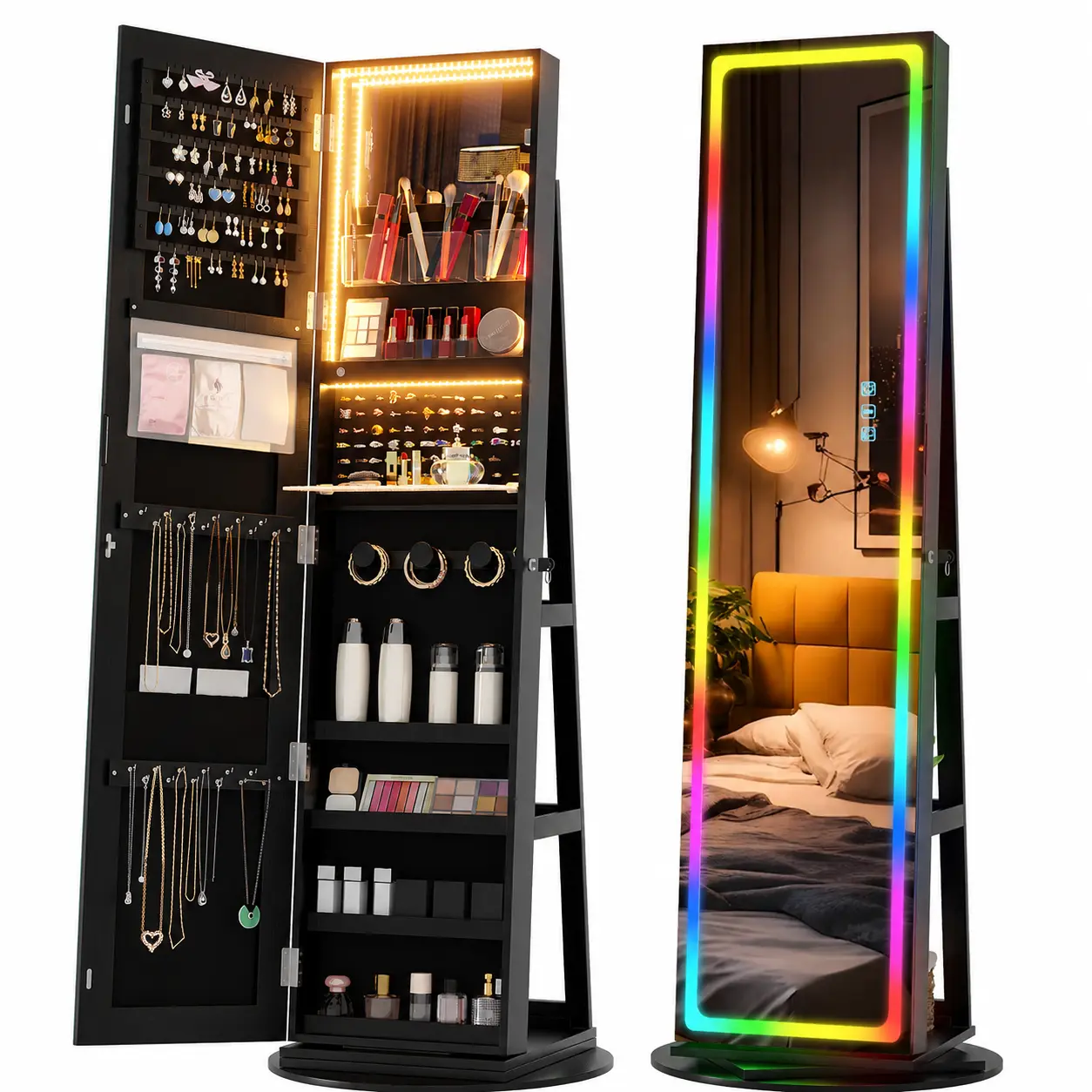 Lvifur Lockable Mirror Jewelry Armoire with 14 RGB Lights Color Modes, Rotating Dustproof Locked Jewelry Organizer, Gift Idea for Women