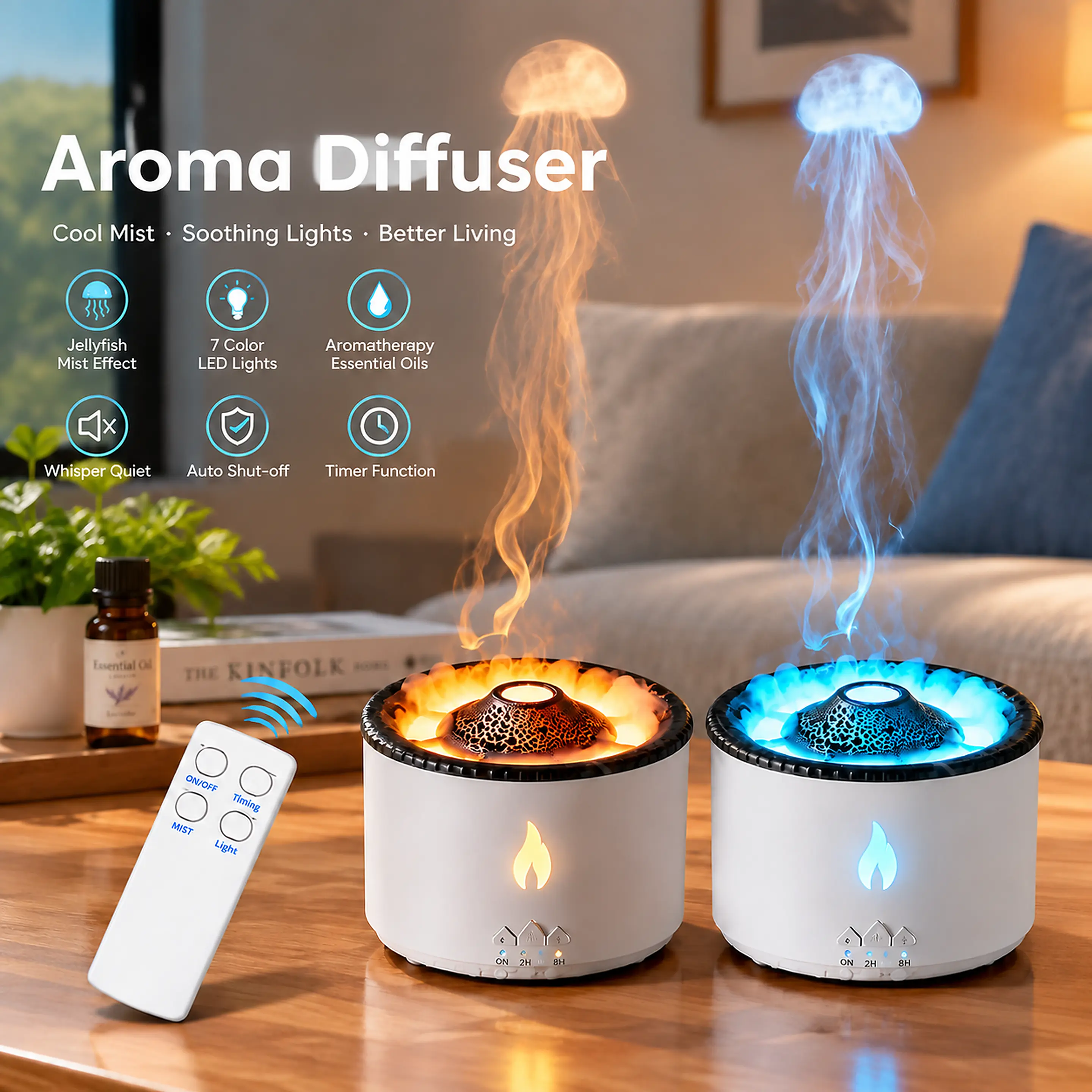 3D Flame Mist Aroma Diffuser, Ultrasonic Essential Oil Diffuser with LED Night Light, Cool Mist Humidifier for Bedroom & Home Decor
