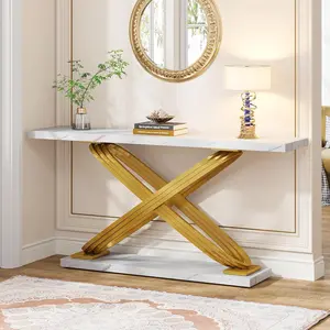 LITTLE TREE 55 Inch Modern Console Table, Faux Marble Gold Entryway Table Behind Sofa Couch, Narrow Rectangular Sofa Table for Living Room, Bedroom, Front Hall, Hallway