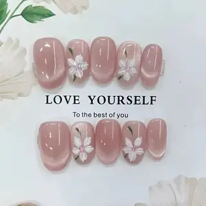 10pcs high-end Hand-painted pink cat's eye flowers handmade fake nails, Nail Art Pink short nail decoration patches for girls