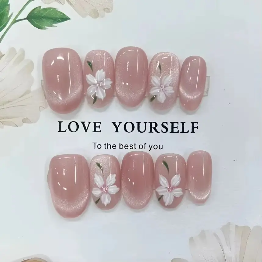 10pcs high-end Hand-painted pink cat's eye flowers handmade fake nails, Decorative nails, DIY Nail Art Pink short nail decoration patches for girls Flower Design Nails