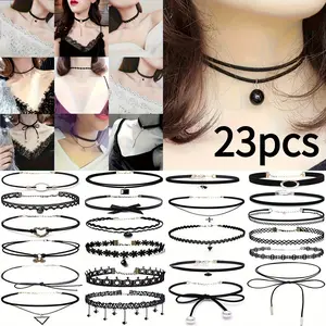 23Pcs/Set Vintage Gothic Bow Black Lace Choker Set | Lolita Detachable Collar & Minimalist DIY Jewelry Combo | Perfect for Party, Banquet & Celebration