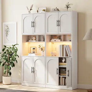 71 Inch Tall Freestanding Pantry Cabinet with Built-in LED Lights, Modern Kitchen Storage Hutch Equipped with Microwave Shelf & Adjustable Shelves, Multi-Purpose Storage Cabinet for Dining Room Living Room Bathroom