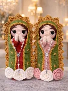 Handmade Crochet Our Lady of Guadalupe Doll with Rosary – Catholic Virgin Mary Amigurumi Gift, Religious Home Decor, Baptism Confirmation Gift