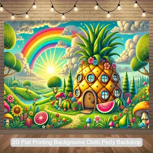 2D Flat, 1pc Vibrant Pineapple House Polyester Photography Backdrop - Whimsical Tropical Scene with Rainbow, Mushrooms & Flowers - Perfect for Birthday, Anniversary, Party Decorations - Indoor/Outdoor Use, Pineapple Decor