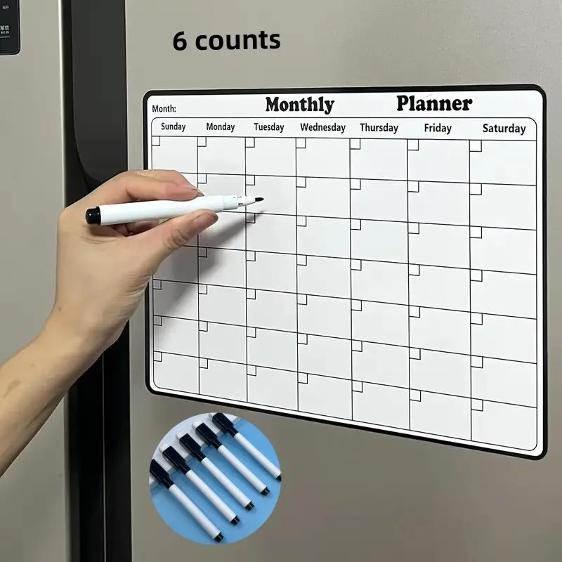 6-Piece Magnetic Calendar Set with 5 Dry Erase Markers, Refrigerator Whiteboard Monthly Planner, Eco-Friendly Kitchen Accessories, Magnetic Dry Erase Calendar, Fridge Calendar for Home Organization
