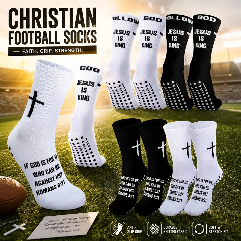 Christian Anti-Slip Sports Socks (3 Pairs, 6 Socks) – Bible Verse & Cross Designs, Durable Knitted Fabric, Soft Stretch Fit, for Football & Sports Activities, Religious Themed Athletic Wear