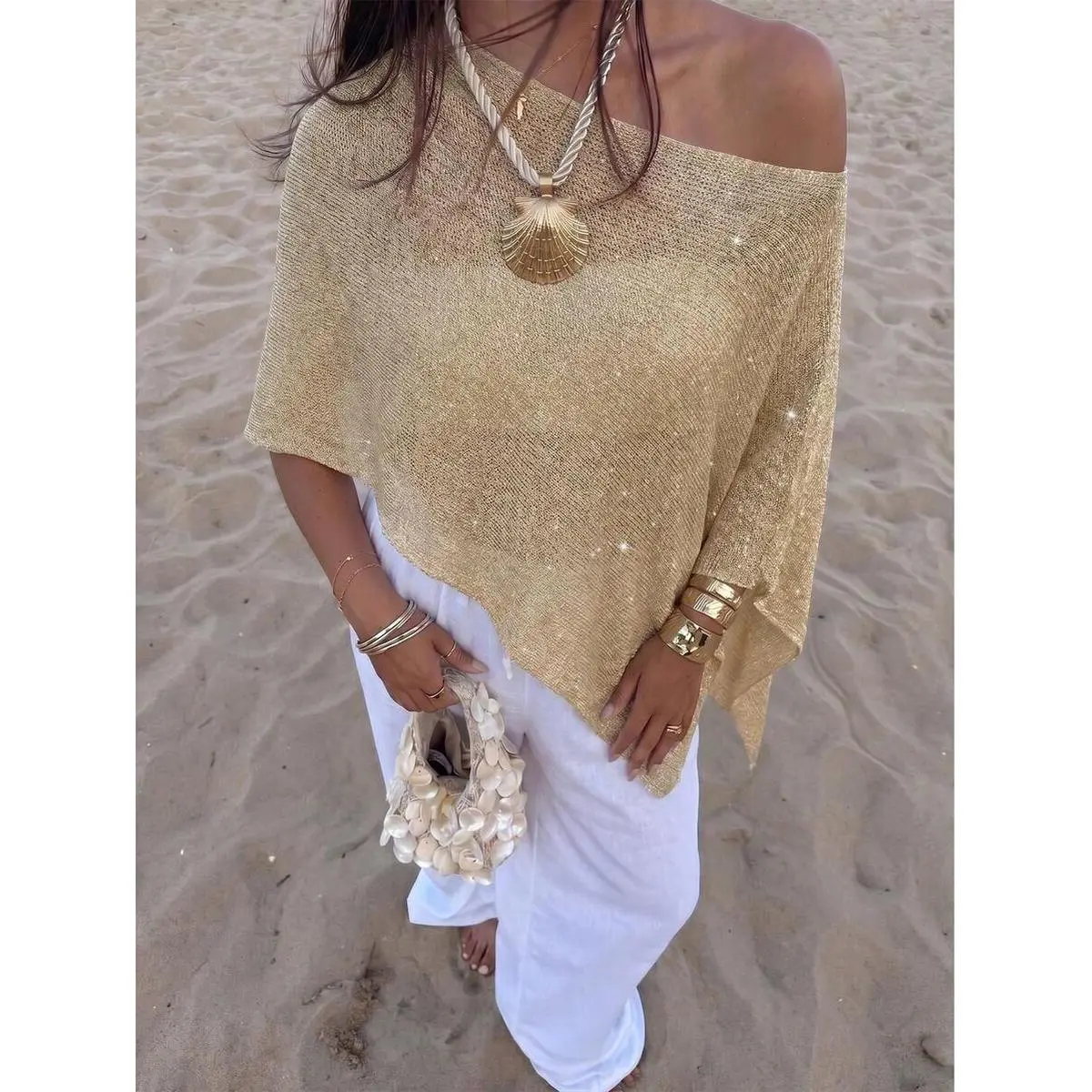 Women's Shimmer Effect Knitted Fabric Cape-Style Beach Cover-Up Sweater, Loose Fit Batwing Sleeves for Vacation, Casual Summer Wear
