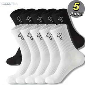 5 Pairs Unisex Cross Pattern Crew Socks, Black White Fashion Mid Calf Socks, Comfortable Non Slip Breathable Sweat Absorbent Casual Socks, Wearable Stylish Daily Footwear Accessories for Outdoor Sports Casual Daily Home Street Wear