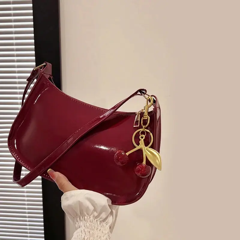 Women's PU Shoulder Bag With Cherry Charm, Small Crossbody Purse, Casual Everyday Underarm Bag