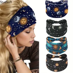 Women's Star & Moon Print Wide Elastic Training Headbands, Bohemian Fashion Sweat-Wicking Head Wraps for Yoga, Exercise, 4-Pack Sports Headbands, Training Headband