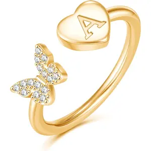 Stackable Initial Rings for Women, Rose Gold Plated Butterfly Capital Letter Rings for Teens, Girls