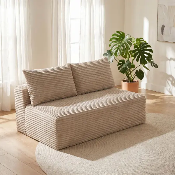 Camel Corduroy 2-Seater Loveseat Settee - Armless, Legless, Low Profile Horizontal Comfy Couch, Ground-Hugging Compressed Indoor Sofa for Small Apartments - 1-3 Adults Capacity, Pre-Assembled Minimalist Furniture, No, Small House Design