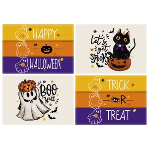 4pcs Halloween Placemats, Scary Black Cat Pumpkin Ghost Printed Halloween Placemats, Halloween Party Table Decoration Placemats, Halloween Funny and Fun Placemats, Halloween Decorations, Kitchen Decorative Placemat