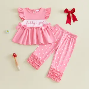 Toddler Baby Little Girls Pants Set Fly Sleeve Bows Embroidery Letters Tank Top with Dots Pants Summer Outfit 6M-4T