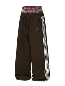Trendy Men's Grey "Los Angeles" Wide Leg Sweatpants, Double Waistband Plaid Layered Joggers with Side Stripes & Heart Logo, Edgy Streetwear Pants for Street Style & All-Day Daily Wear #MensStreetwearPants #LayeredWaistAestheticFashion #VersatileSweatpants
