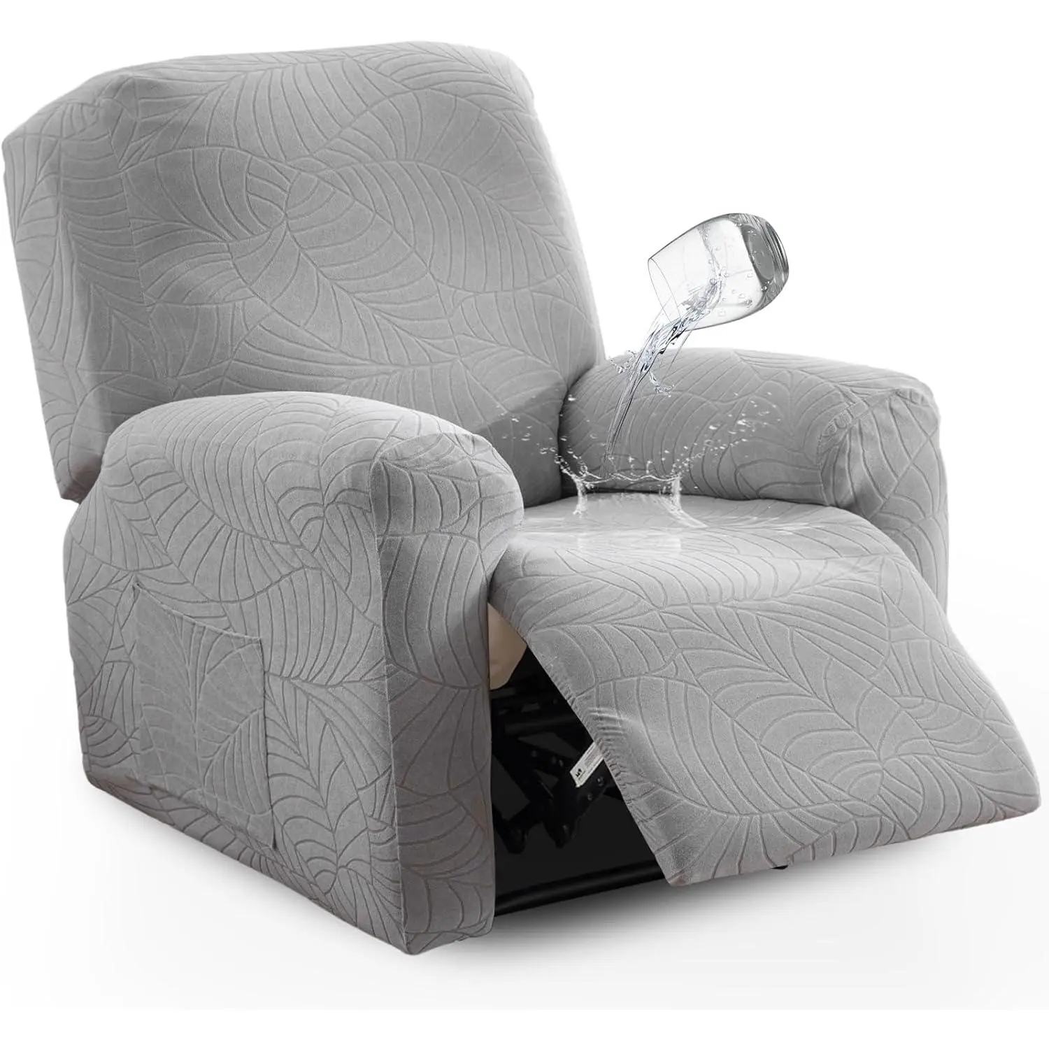 1-Seat Light Grey Recliner Chair Cover - 4-Piece Custom Fit Jacquard Fabric Slipcover with Leaf Motif, Water Repellent, Stretch Soft, Side Pocket, Elastic Bottom for Recliner Use & Indoor Sofa Protection, Custom Fit Covers