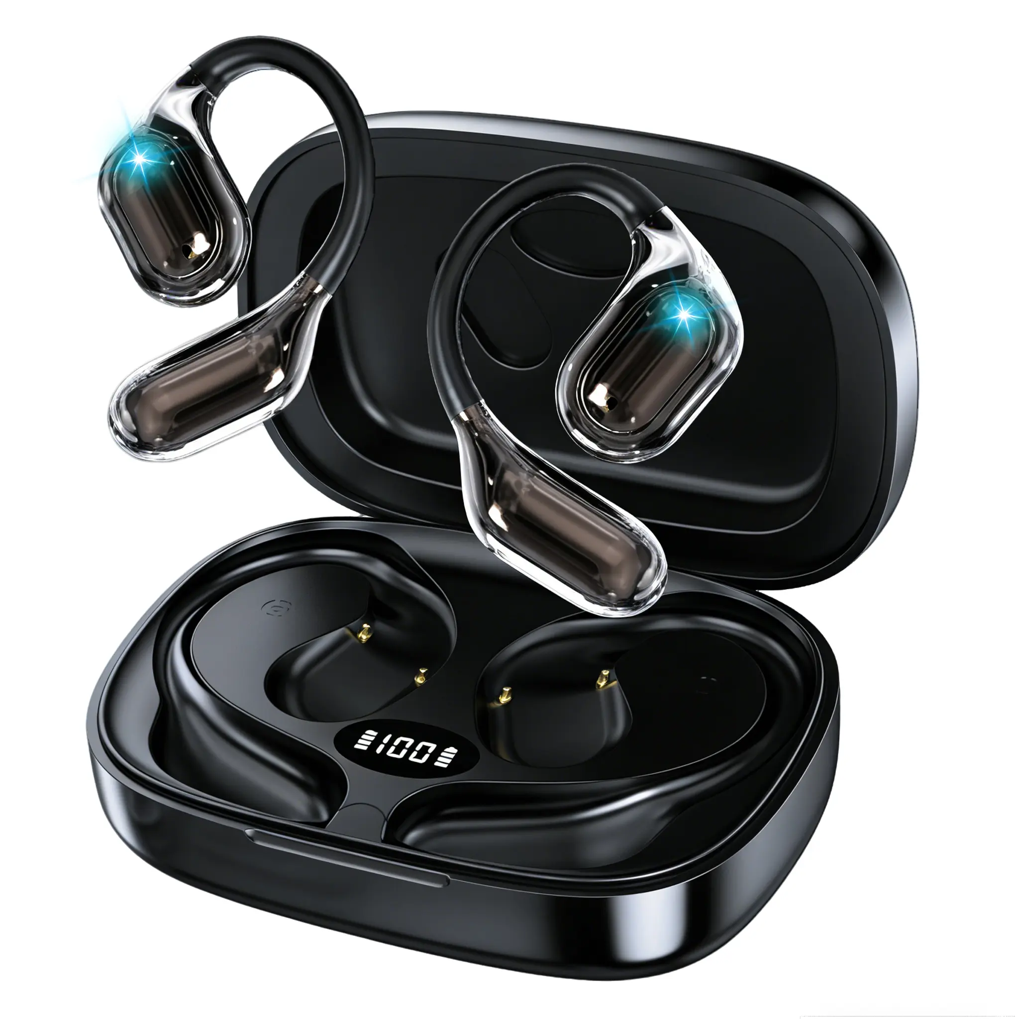 Open Ear Earbuds Support 178 Languages No Subscription,Over Ear Earbuds with Earhook,Bluetooth Headphones 5.4 with Smart Digital Display,45H Playtime,IPX6 Waterproof,Touch Control Operate Fit Cycling,Running,Workout,Language Learning